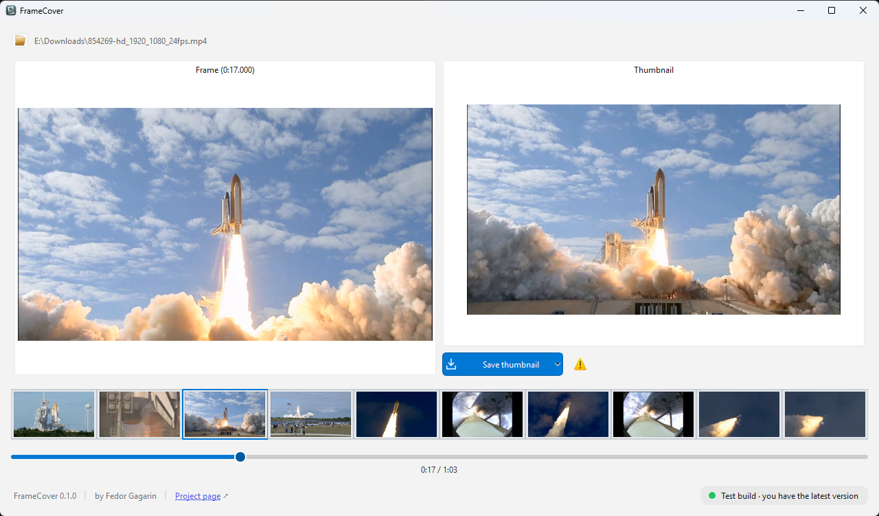 FrameCover window: selecting a frame on the timeline and previewing the new thumbnail